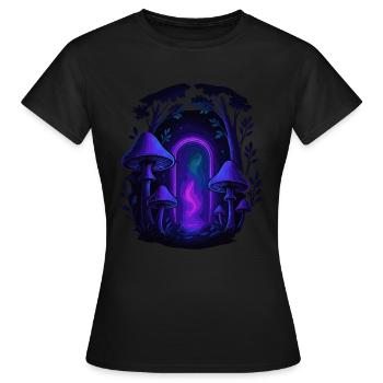 Psychedelischer Pilzwald - Magisches Portal - Frauen T-Shirt - Schwarz - Vorne - AI Model Female 172 dark (172cm)