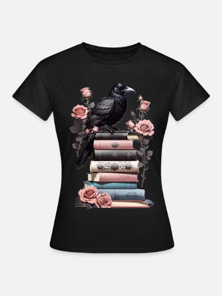 Bücherstapel mit Rabe - Frauen T-Shirt - Schwarz