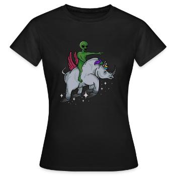 Ausländer, der fliegendes Nashorn - lustiges niedliches Nashorn reitet - Frauen T-Shirt - Schwarz - Vorne - AI Model Female 172 dark (172cm)