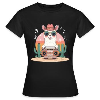 Cool Llama with Boombox in Retro Desert Style - Women's T-Shirt - black - Front - AI Model Female 172 dark (172cm)