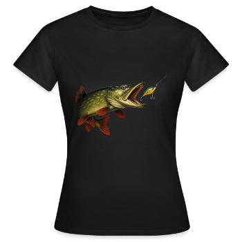 Hecht Biss Szene – Wobbler & Fangmoment - Frauen T-Shirt - Schwarz - Vorne - AI Model Female 172 dark (172cm)
