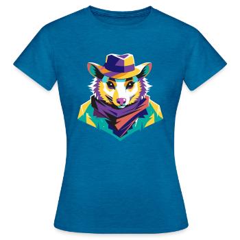 Cowboy Possum Opossum Pop Art Style - T-shirt Femme - bleu saphir antique chiné - Devant - AI Model Female 172 dark (172cm)