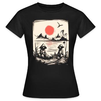 Soleil rouge japonais : pêcheurs et pêcheurs sur le lac - T-shirt Femme - noir - Devant - AI Model Female 172 dark (172cm)