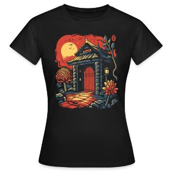 Asiatique Japonais Cartoon Floral Gate Hut - T-shirt Femme - noir - Devant - AI Model Female 172 dark (172cm)