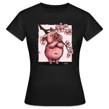 Offended Japanese Sakura Flowers Pig - Women's T-Shirt - black - Front - AI Model Female 172 dark (172cm)