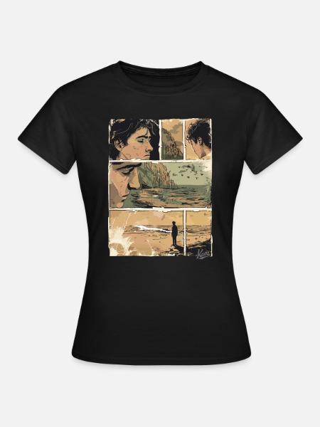 Comic der Einsamkeit am Strand - Frauen T-Shirt - Schwarz