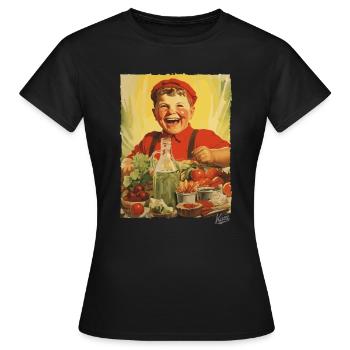 Propagande vintage : un garçon mange des aliments sains - T-shirt Femme - noir - Devant - AI Model Female 172 dark (172cm)