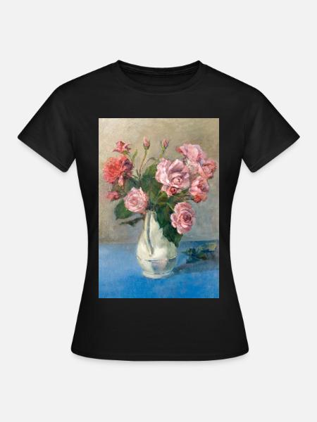 Peinture - Peinture avec des roses dans un vase. - T-shirt Femme - noir