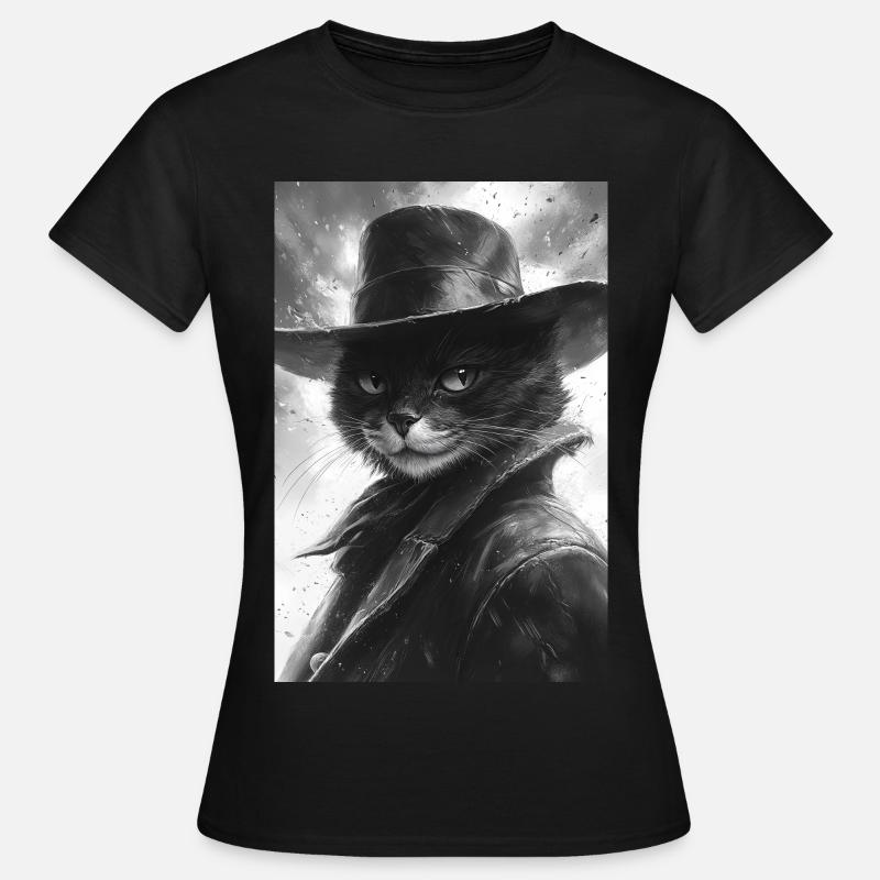 Sort-hvid kat i cowboy-look - Dame-T-shirt - sort