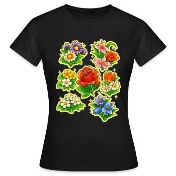 Vivid Bloom Blumen-Aufkleber-Set - Frauen T-Shirt - Schwarz - Vorne - AI Model Female 172 dark (172cm)