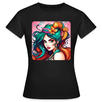 Mignonne sirène avec des coquillages bande dessinée anime - T-shirt Femme - noir - Devant - AI Model Female 172 dark (172cm)