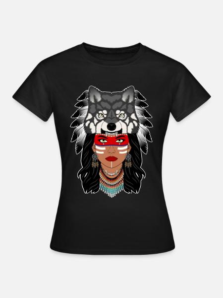 Indianer Girl, Wolf Head - Frauen T-Shirt - Schwarz