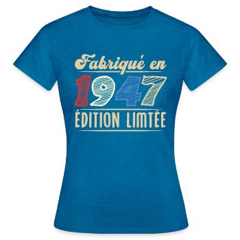 Fabriqué en 1947, Vintage cadeau d'anniversaire - T-shirt Femme - bleu saphir antique chiné - Devant - AI Model Female 172 dark (172cm)