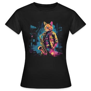 Cat Saxophone Musicien Jazz Saxophoniste Swing Meow - T-shirt Femme - noir - Devant - AI Model Female 172 dark (172cm)