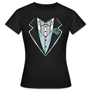 Tuxedo Kost�m Lazy Halloween Blue Boys Tuxedo - Frauen T-Shirt - Schwarz - Vorne - AI Model Female 172 dark (172cm)