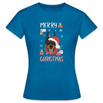 Dobermann Frohe Weihnachten - Frauen T-Shirt - Antikblaues Saphir meliert - Vorne - AI Model Female 172 dark (172cm)