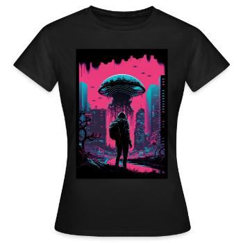 Mushroom Neon Vaporwave Nature Technocrat Hacker Techie - Women's T-Shirt - black - Front - AI Model Female 172 dark (172cm)