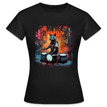 Cat Drummer Music Animal Drums Wild Cat - T-shirt Femme - noir - Devant - AI Model Female 172 dark (172cm)
