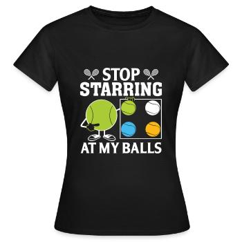 Hör auf, auf meine Eier zu starren - Frauen T-Shirt - Schwarz - Vorne - AI Model Female 172 dark (172cm)