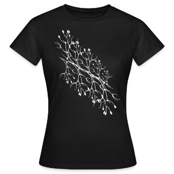 deux,branches,motifs,abstraits, blancs, filigranes, - T-shirt Femme - noir - Devant - AI Model Female 172 dark (172cm)