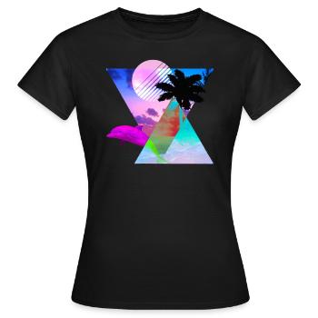Vaporwave Dolphin 80s hypnotische Sonnenuntergangszene - Frauen T-Shirt - Schwarz - Vorne - AI Model Female 172 dark (172cm)