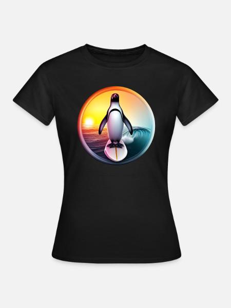 Pinguin Surfer Sonnenuntergang - Frauen T-Shirt - Schwarz