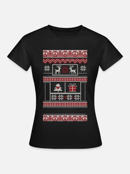 Winterwunder Muster mit Reh und Geschenk - Frauen T-Shirt - Schwarz
