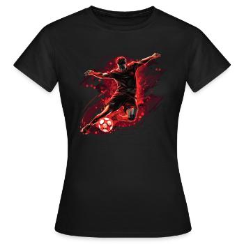 Ein Fußballer in einer dynamischen Aktion mit einem Torschuss. - Frauen T-Shirt - Schwarz - Vorne - AI Model Female 172 dark (172cm)