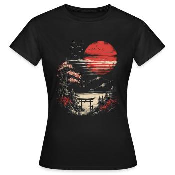 Japan Landschaft Roter Mond Vögel Trees Bonsai - Frauen T-Shirt - Schwarz - Vorne - AI Model Female 172 dark (172cm)