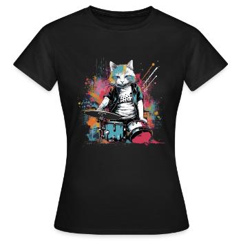 Cat Drummer Music Animal Drums Wild Cat - T-shirt Femme - noir - Devant - AI Model Female 172 dark (172cm)