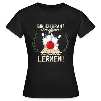 Bowling Spruch Hinsetzen! Zugucken! Lernen! Bowler - Frauen T-Shirt - Schwarz - Vorne - AI Model Female 172 dark (172cm)