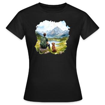 Mann mit Hund Wandern Outdoor Berge See - Frauen T-Shirt - Schwarz - Vorne - AI Model Female 172 dark (172cm)