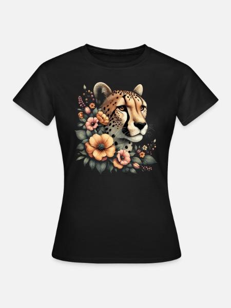 Cheetah Gepard Blumen - Frauen T-Shirt - Schwarz
