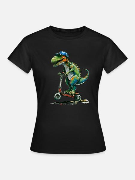 Dinosaurier auf Stuntscooter - Frauen T-Shirt - Schwarz