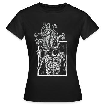 Kaffee trinkendes Skelett mit Tentakel Kopf - Frauen T-Shirt - Schwarz - Vorne - AI Model Female 172 dark (172cm)