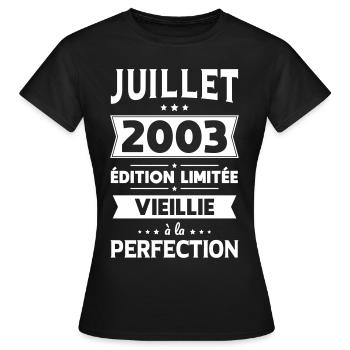Anniversaire 20 ans - Juillet 2003 Perfection - T-shirt Femme - noir - Devant - AI Model Female 172 dark (172cm)