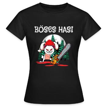 Böses Hasi mit Bollenhut, Motorsäge im Schwarzwald - Frauen T-Shirt - Schwarz - Vorne - AI Model Female 172 dark (172cm)