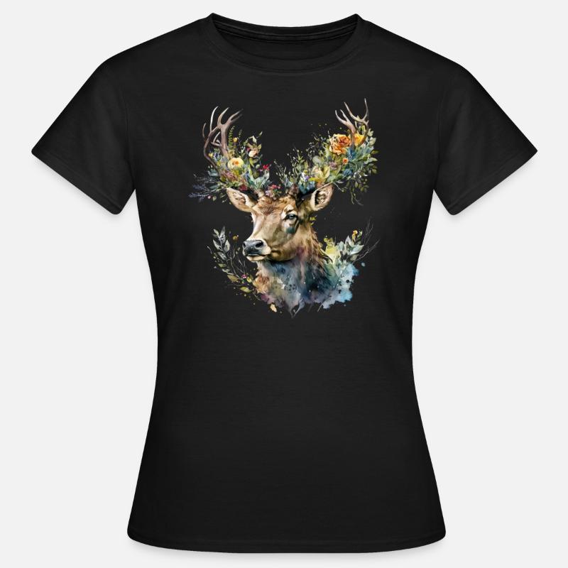 Hirsch mit Blumen - Frauen T-Shirt - Schwarz
