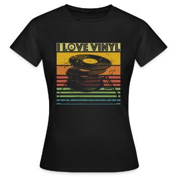 I Love Vinyl - Retro Plattenspieler DJ Musik LP - Frauen T-Shirt - Schwarz - Vorne - AI Model Female 172 dark (172cm)
