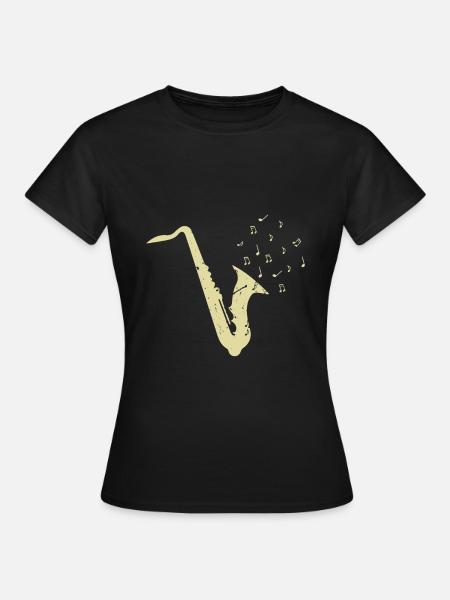 Saxophon mit Musiknoten - Frauen T-Shirt - Schwarz