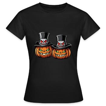 Zwei grinsende Halloweenkürbisse mit Zylinder - Frauen T-Shirt - Schwarz - Vorne - AI Model Female 172 dark (172cm)