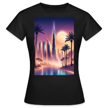 Große Palmen und ein hohes Hochhaus - Frauen T-Shirt - Schwarz - Vorne - AI Model Female 172 dark (172cm)