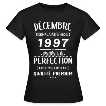 Anniversaire 25 ans - Décembre 1997 Perfection - T-shirt Femme - noir - Devant - AI Model Female 172 dark (172cm)