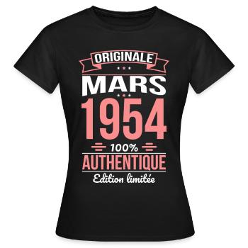 Anniversaire 70 ans - Originale - Mars 1954 - T-shirt Femme - noir - Devant - AI Model Female 172 dark (172cm)