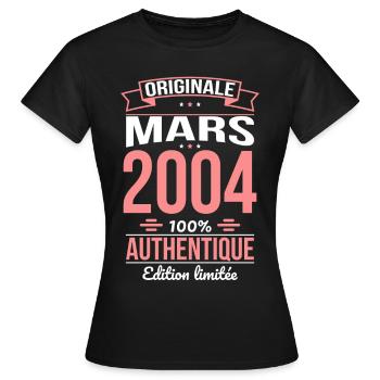 Anniversaire 20 ans - Originale - Mars 2004 - T-shirt Femme - noir - Devant - AI Model Female 172 dark (172cm)