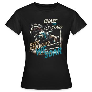 JAGEN SIE DIE STERNE ÜBER HINDERNISSE WIR SCHWEBEN, REITER - Frauen T-Shirt - Schwarz - Vorne - AI Model Female 172 dark (172cm)
