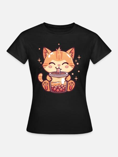 Katze trinkt Bubble Tea - Frauen T-Shirt - Schwarz