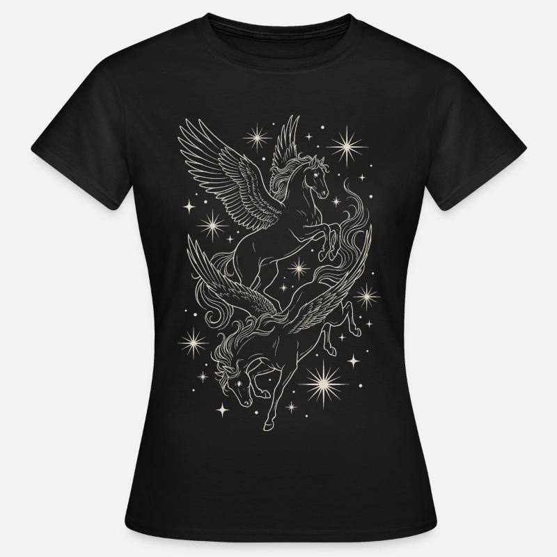 Two Celestial Pegasus Horses Between Stars - Women's T-Shirt - black