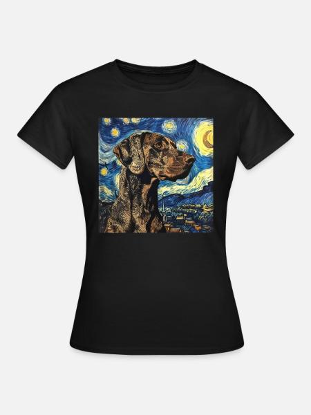 Braque allemand à poil court, chien, Van Gogh, Nuit étoilée - T-shirt Femme - noir