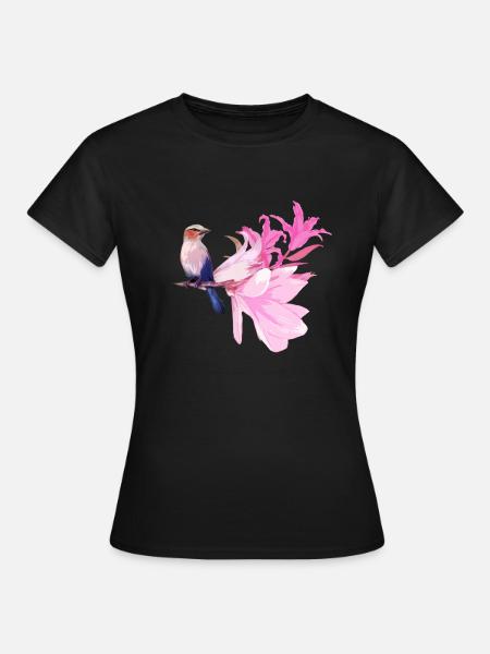 Vogel mit Blüten - Frauen T-Shirt - Schwarz